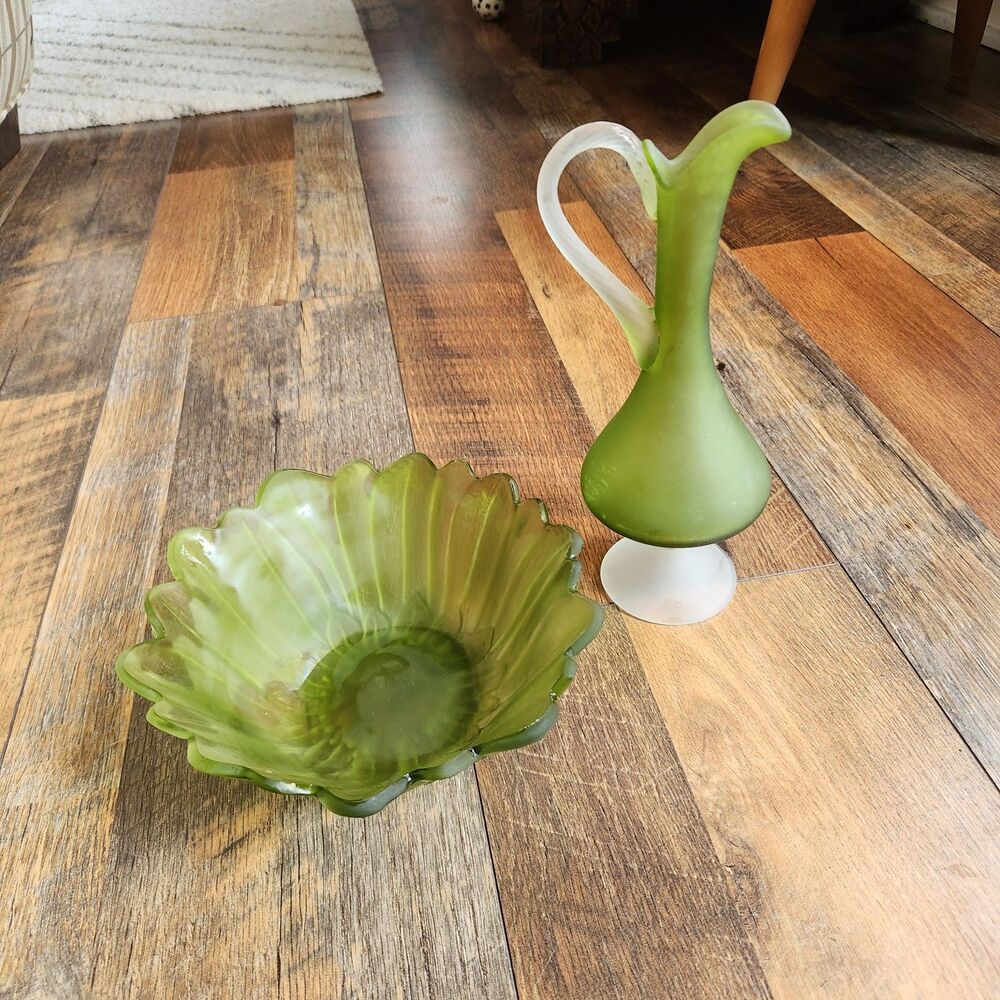 Retro 1960s Apple Green Art Glass Lot - Floral Candy Dish & Handled Decanter